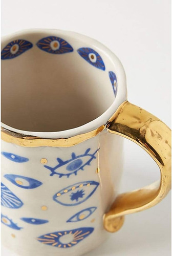 Taza Cerámica Mal De Ojo Turco Hamsa Oro Amuleto