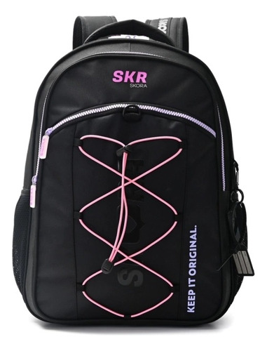 Mochila Cromatico Elastico Con Llavero Negro Y Rosa Liso