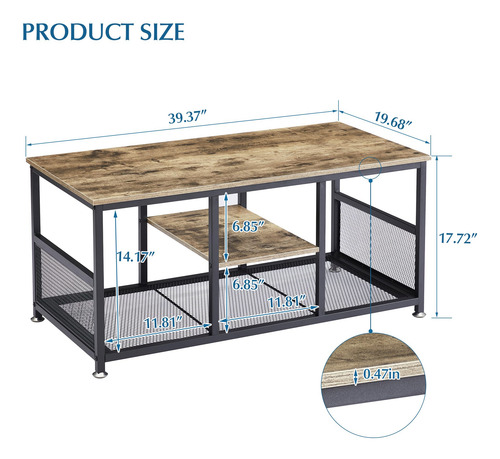 Mesa Central Gris Con Almacenamiento Estante De Malla 100 Cm