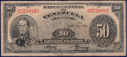 Billete De 50 Bolívares D7 Abril 26 1956 Simón Bolívar