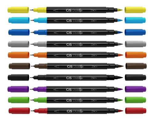 Kit Estojo 10 Caneta Pincel Dual Tip Brush Pen Fineliner Cis