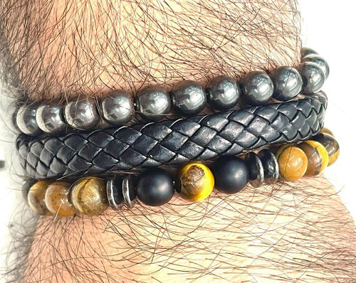 Pulseira Olho De Tigre E Onix, Courino E Hematita Natural Cor Preta Tamanho 17cm