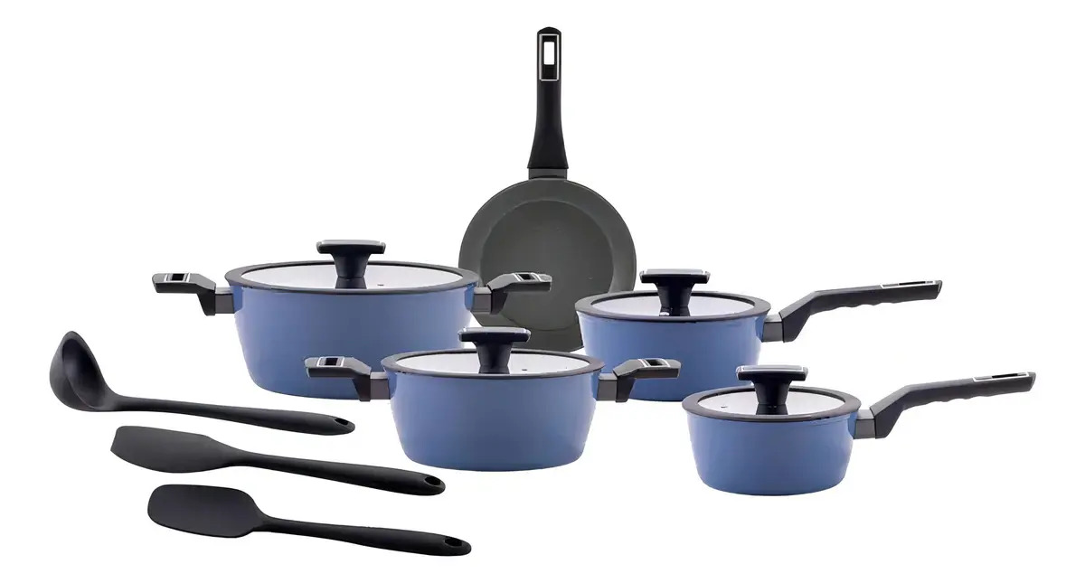 Jogo De Panelas Brinox Ceramic Azul 8 Peças Carbon Indução