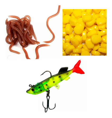 Señuelos De Silicona Lombriz Maiz Sabalito Pesca De Rio. Amarillo Verde Marron