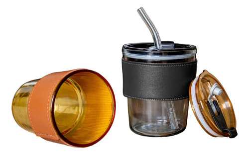 Taza Mug De Vidrio Con Tapa Y Sorbete 400 Ml - Calor Y Frio Negro