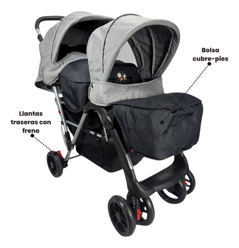 Carriola Gemelar Para Bebe Ruedas Con Freno Plegable Reclina Color Gris Chasis Gris