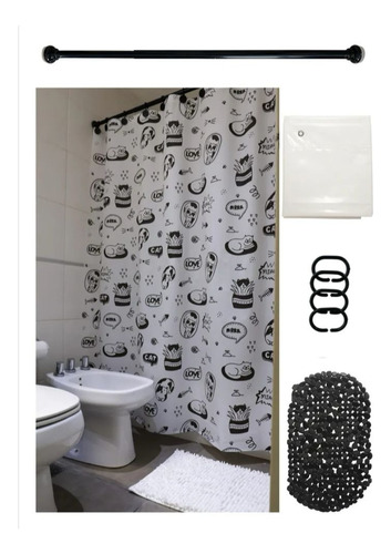 Barral De Baño + Cortina Protector + Gancho + Alfombra Ducha Gatos