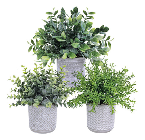 Plantas Artificiales Eucalipto Y Romero Con Maceta Gris 3 Pz Verde