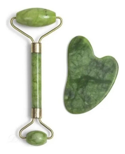 Rolo Pedra De Jade +placa Gua Sha Massagem Facial Anti Rugas Cor Verde-musgo