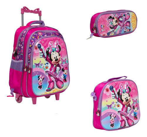 Kit Bolsa Mochila Escolar Juvenil 3d Minnie Rodas Promoção