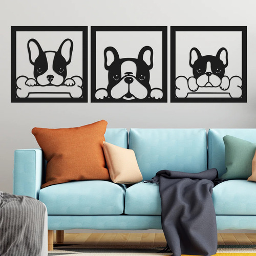 Cuadro Artesanal Perritos Tríptico Calado Mdf - 122x34cm