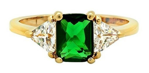 Microfiber The Bling Factory Gold Plated Emerald-Cut Forest Green CZ Three-Stone Ring