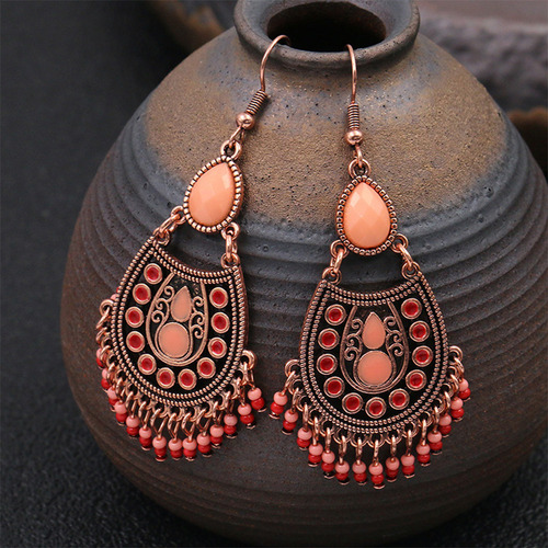 Pendientes Bohemio Con Cuentas De Arroz Y Borlas, Gema