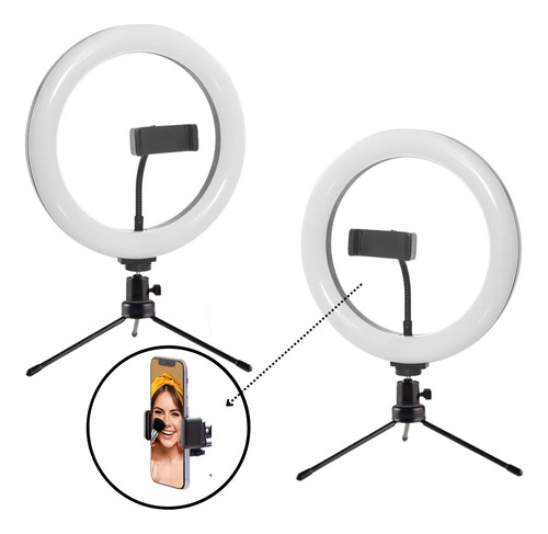 Aro Luz Led Comerliv 10 Tripie Base Celular 3 Tipo De Luz Negro Blanco Cálido