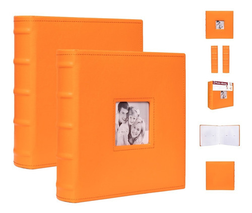 Paquete De 2 Albumes Fotográficos Betco, Encuadernados Y Cosidos A Mano. Capacidad Para 400 Fotos (200 Por Álbum). Tapa Dura En Color Naranja