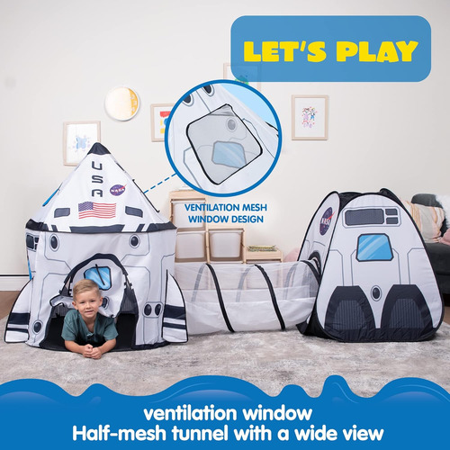 Carpa De Juego Plegable White Rocket Ship Con Túnel Y Casita
