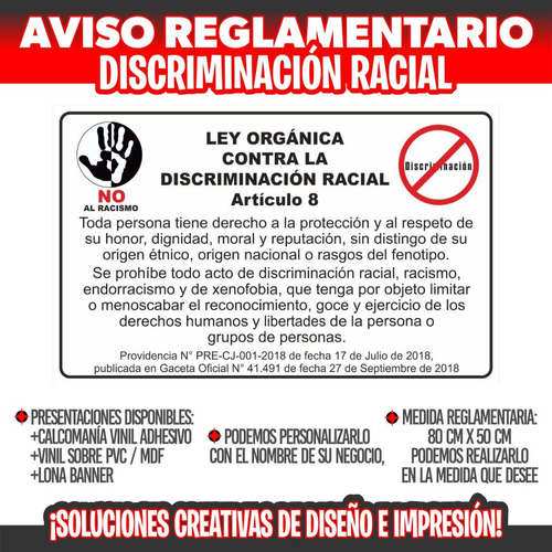 Aviso Cartel Ley Contra Discriminacion Racial -evita Multas