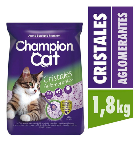 Arena Sanitaria Champion Cat Cristales Aglomerantes 1.8 Kg x 1.8kg de peso neto