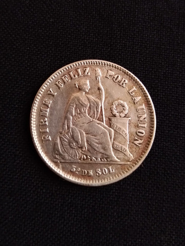 Moneda Peru 1/5 De Sol 1866 Plata. J