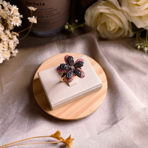  Anel Flores Pavê Ouro Rosê Diamantes Negros E Turmalinas 