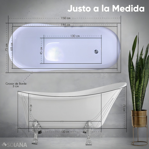 Solana Kit Bañera Estilo Vintage 150x75x75 Cm De Acrilico Solido Blanco Con Grifo Independiente Cuello Cisne Color Dorado / Bañera Ovalada Slim Blanca Con Patas De Acero