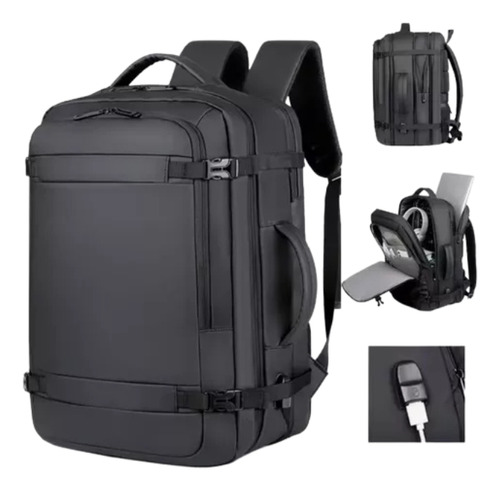 Mochila De Viaje Avion Viral Amazon Con Usb 35lts Expandible Negro Liso