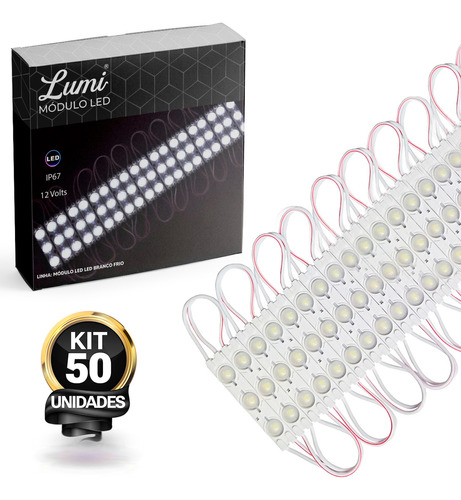 Kit 50 Módulo De Led Injetado Lente 160º 3 Smd/3030 Led 12v Branco Frio Ip67 Lumi