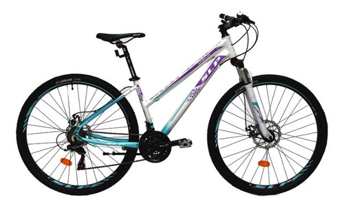 Mountain bike femenina SLP Venecia  2020 R26 21v frenos de disco mecánico cambios Shimano Tourney TZ500 color blanco/celeste/violeta con pie de apoyo  