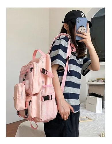 Imagen 4 de 4 de Mochila Versión Coreana Color Sólido Gran Capacidad