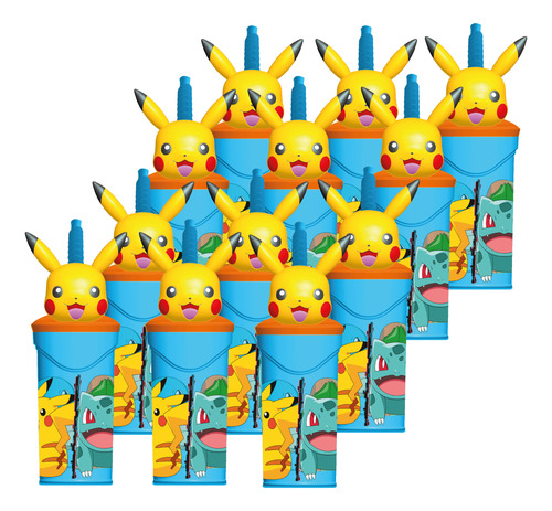 Souvenir Vaso X10 Con Sorbete Tapa Figura 3d Pikachu Pokemon