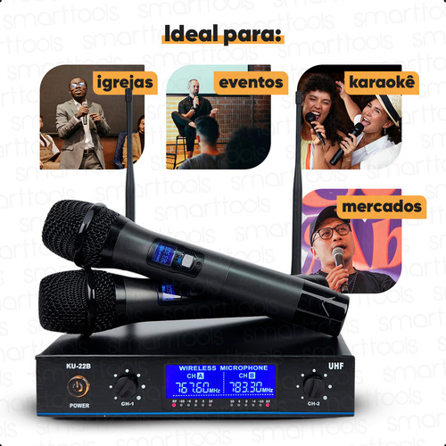 Microfone Sem Fio Profissional Duplo Uhf Com Receptor Estável, Painel Iluminado E Sistema Redutor De Ruído Dbx. Alcance 100m. Ideal Para Eventos, Shows E Palestras Cor: Preto - Marca: Smart Tools