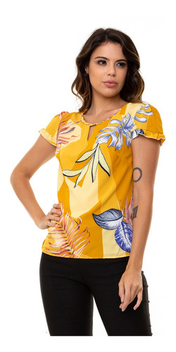 Blusa Kinara Crepe Estampada Gola Trançada Amarelo