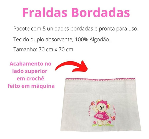 Imagem 2 de 6 de Fralda Tecido Algodao Kit C/ 5 Un + Brinde 3 Pano De Boca