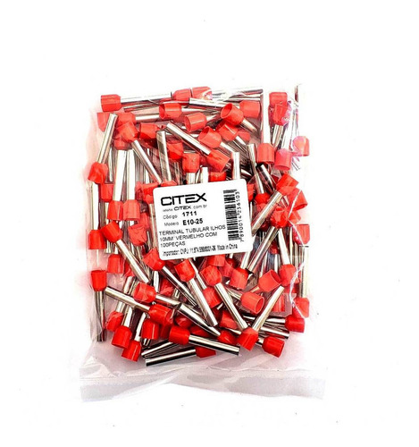 E10-25 Terminal Tubular Ilhos 10mm² 25mm Vm Com 100 Peças