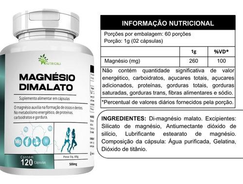 Magnésio Dimalato 120 Cápsulas 500mg - Nutricali