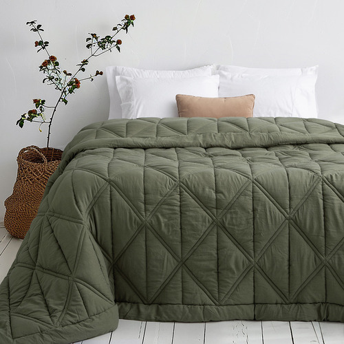 Acolchado King Size Prewashed Con Doble Costura Y Marco Verde Militar Lisa Sí