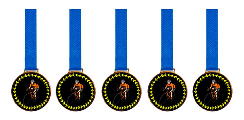 Kit C/5 Medalhas De Ciclismo C/fita Azul 36mm Personalizada