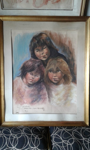 Pastel Tres Niñas Firmado 67x81 Cm Total No Se Envia