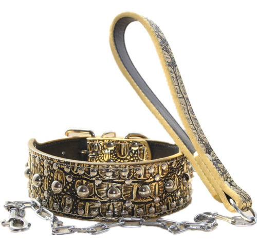 Conjunto De Collar De Cadena Y Correa De Cuero Estampado
