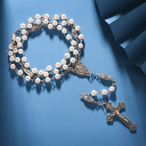Collar De Rosario De Perlas Católicas Con Crucifijo De Jesús