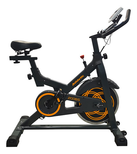 Bicicleta Spinning Fija Athletic 200bs - Usuario 125 Kg - Disco De Inercia De 8 Kg - Estructura Robusta Y Resistente - Negro Y Naranja - Rueditas De Traslado, Niveladores De Piso Y Pedales Resistentes