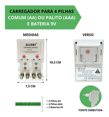 4 Pilha Recarregável Aa + Carregador Rápido Bivolt
