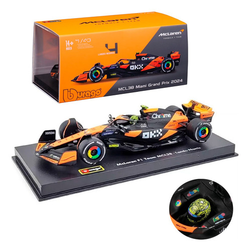 Miniatura Fórmula 1 McLaren MCL38 2024 Lando Norris 1:43 con acrílico Naranja
