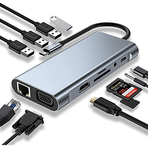 Hub Usb C, Adaptador Usb C 11 1 Hdmi 4k, Vga, Type C Pd...