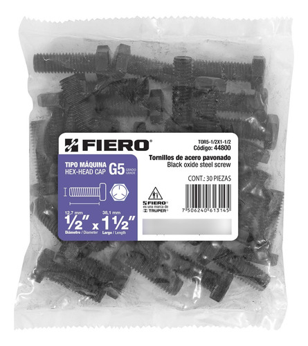 Tornillo 1/2 X 1.5 Grado 5 Hexagonal Acero Madera 30pz 44800