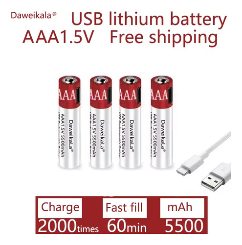 Pilas Aaa Recargable Usb-c Litio 1.5v 5500 Mah (4 Unidades)