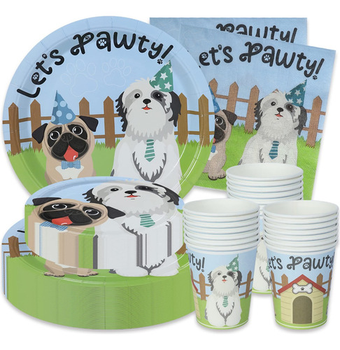 Kit De Desechable Para Fiesta De Perros Platos, Vasos, Servi Azul Claro Let’s Pawty Perros