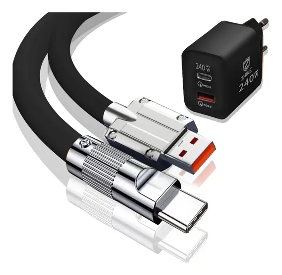 Kit Carregador 240w Gan Usb C Pd Qc 3.0 Cabo Silicone Tipo C Preto