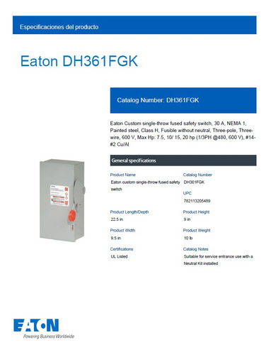 Interruptor Seguridad 30a 3p 600v C/p - Eaton