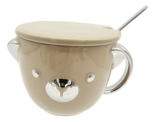 Set De Taza Ceramica Forma De Oso C/tapa Y Cucharita 370ml